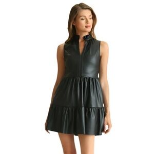 Fate Black Sleeveless Ruffled Faux Leather Tiered Mini Dress Size Small New